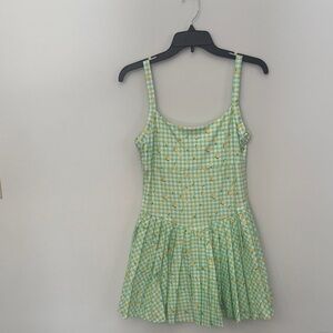 Peach Love California Green Checkered Dress with Lemon Accents